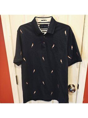 Ted Baker Polo Shirt Mens XL Blue Parrot Embroidered Birds Short Sleeve Casual